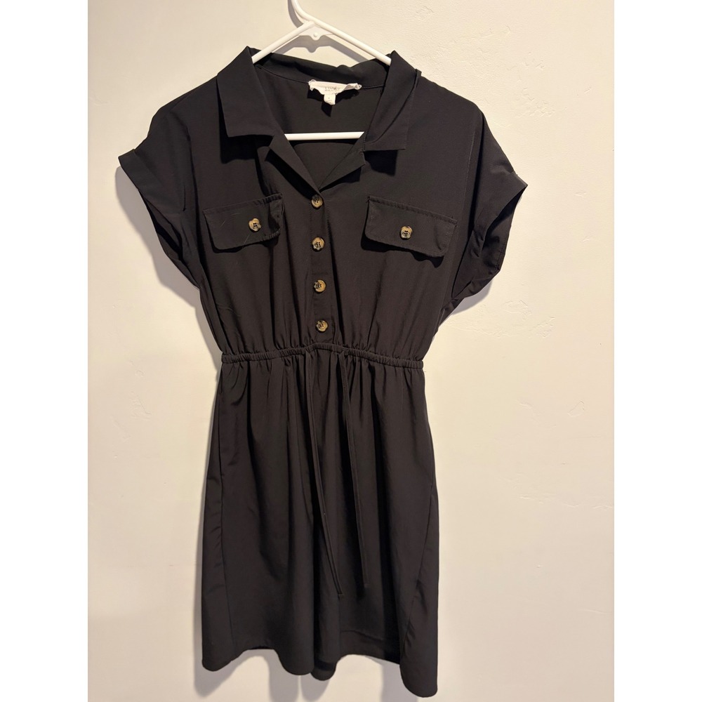 Lucky Brand Womens Black Short Sleeve Utility Shirt Dress Elastic Waist Small